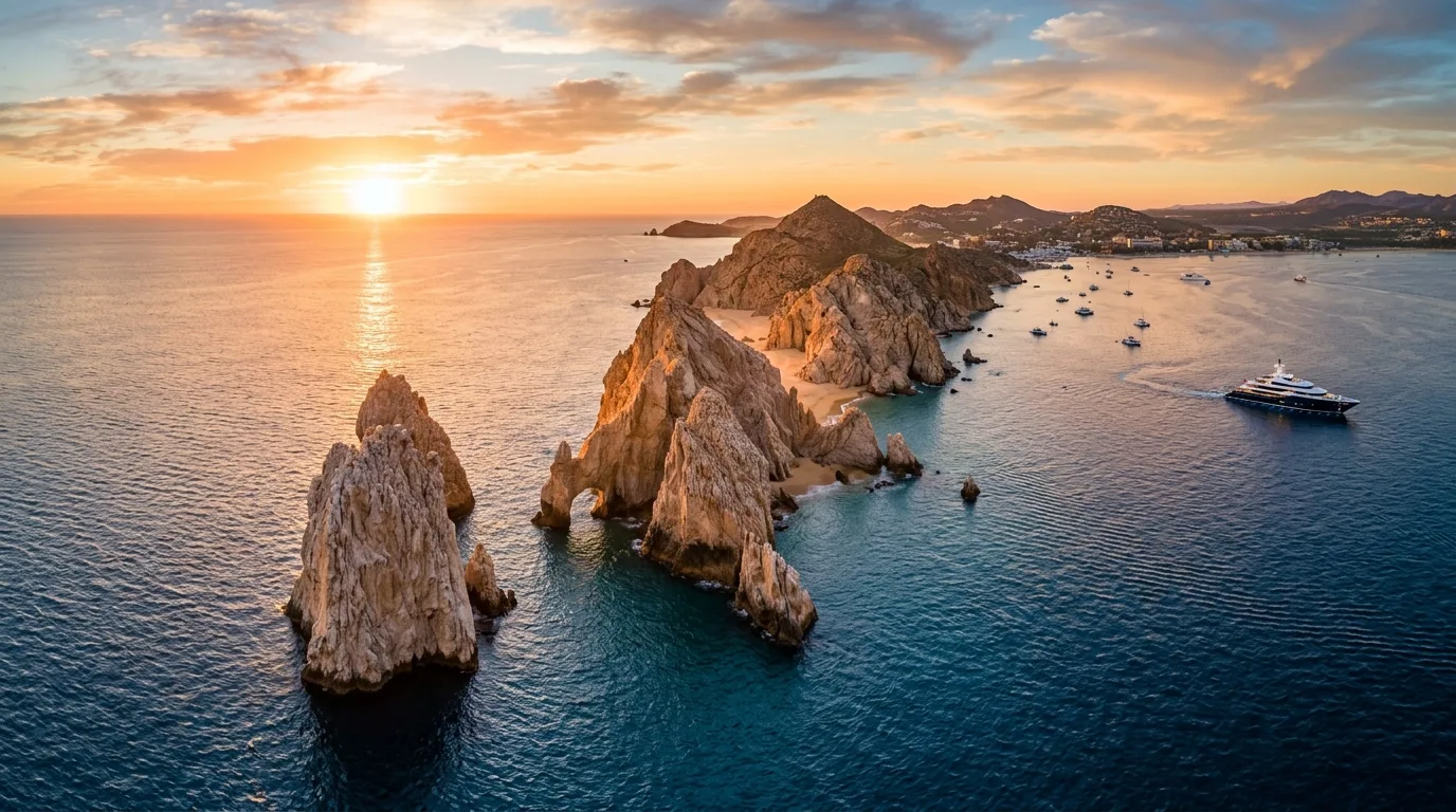 Panoramic golden hour view of El Arco granite rock formation in Cabo San Lucas