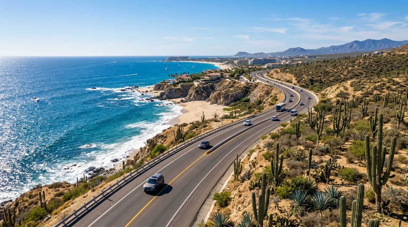 Paved highway along the scenic Los Cabos Tourist Corridor ocean coast