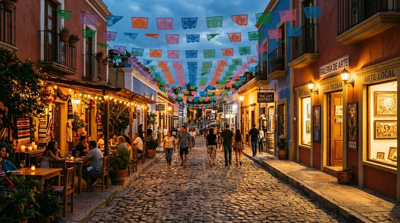 Historic Art District street in San Jose del Cabo lit up at dusk