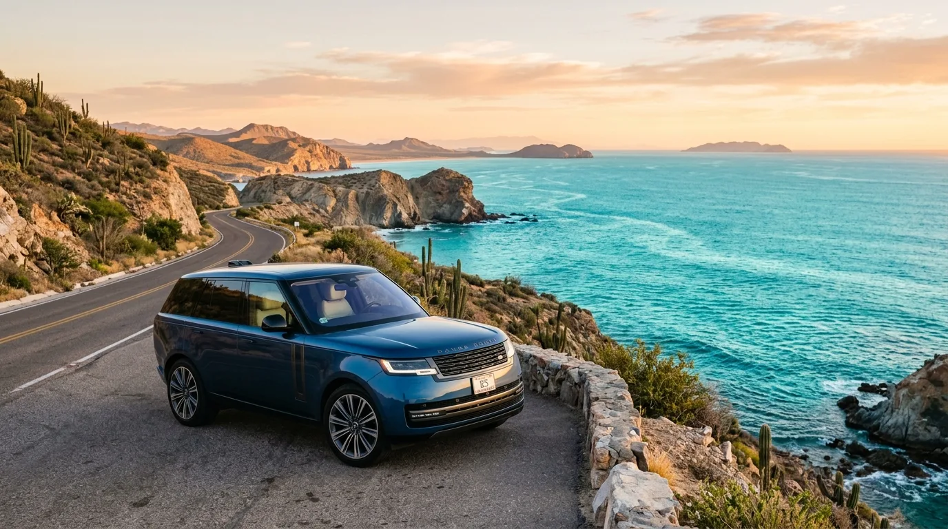 Luxury vehicle parked along the coastal highway in Los Cabos at sunset.