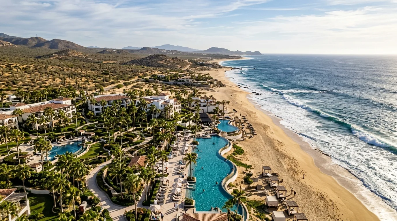 Aerial perspective of a luxury oceanfront resort along the Los Cabos coast.