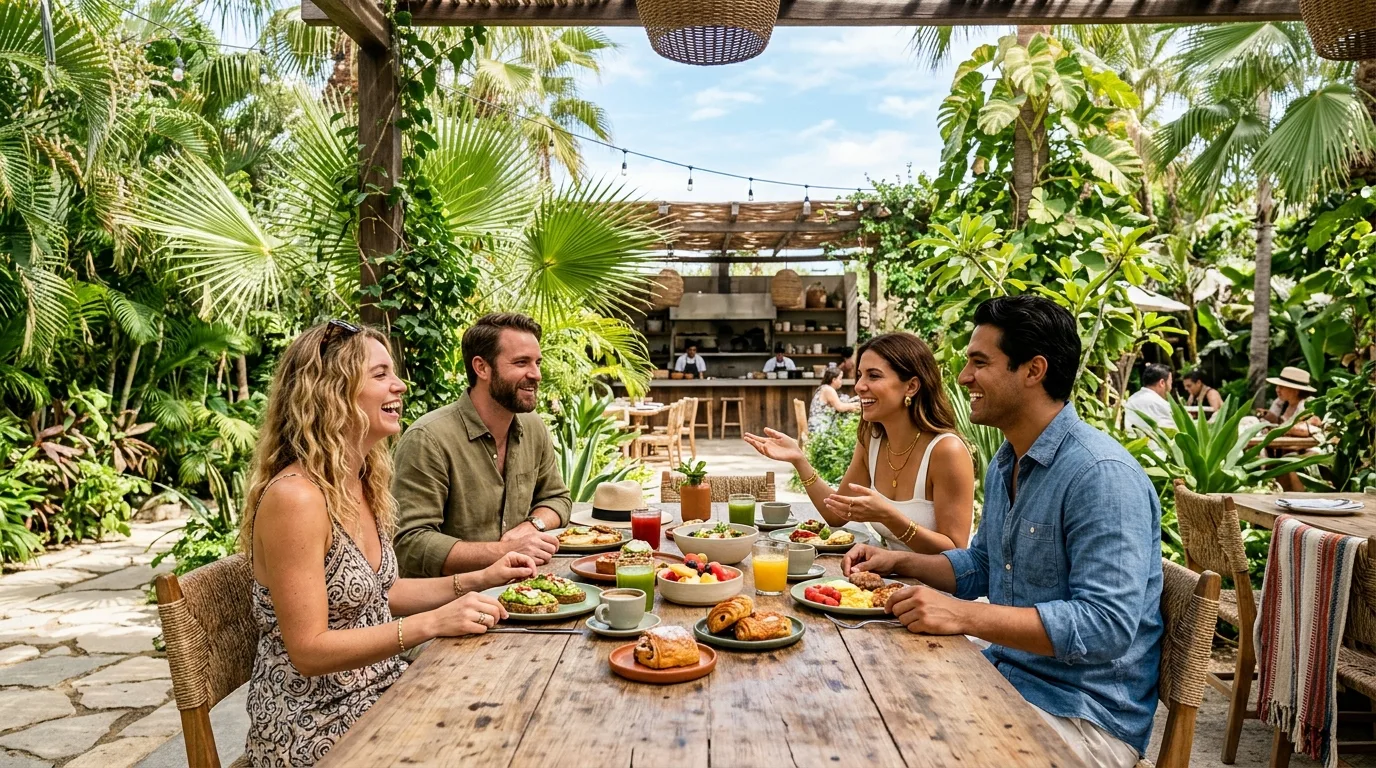 Travelers enjoying outdoor farm-to-table dining in San Jose del Cabo.