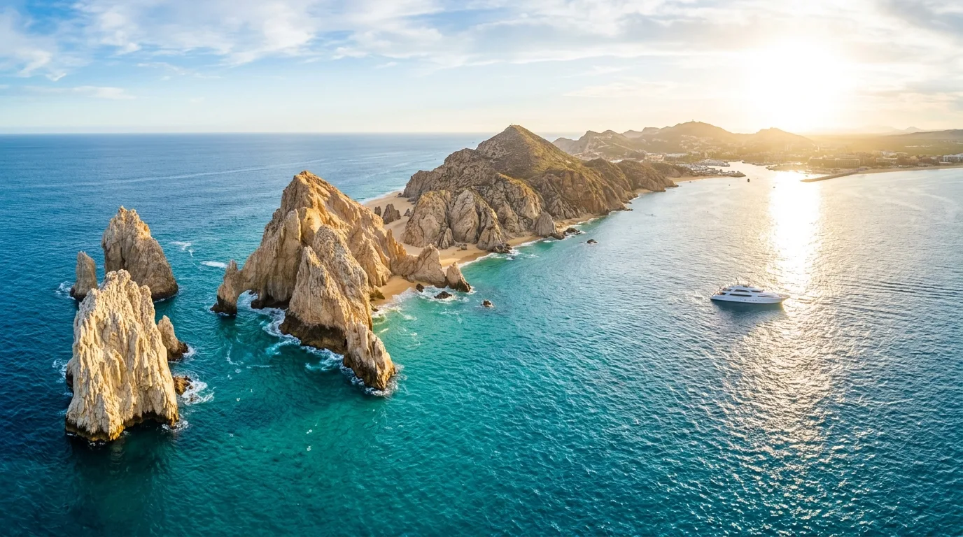 Aerial panoramic view of the Arch at Land's End in Cabo San Lucas Mexico with turquoise ocean water.
