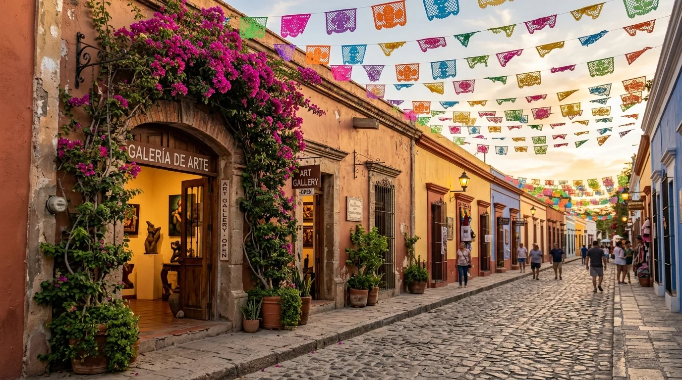 Historic Art District of San José del Cabo Historic colonial street in San José del Cabo art district decorated with colorful flags.