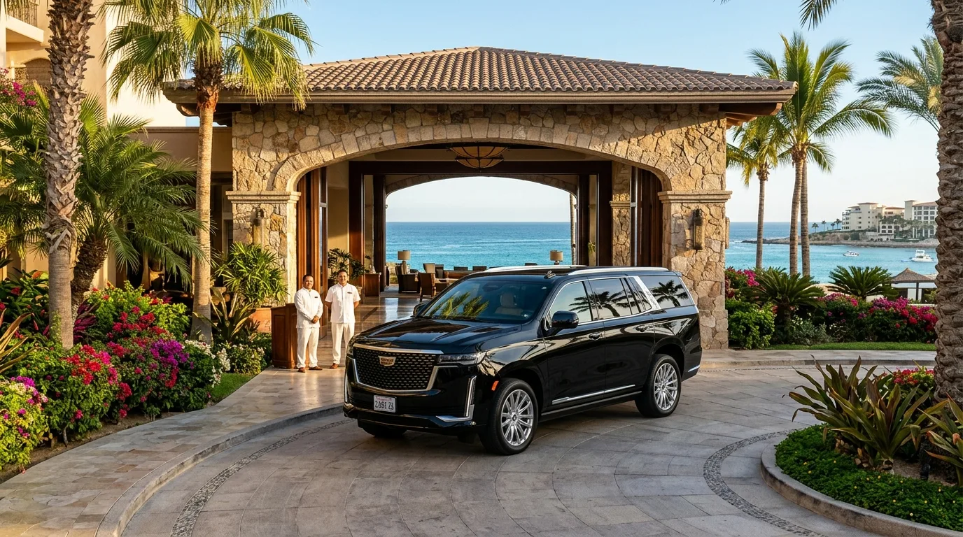 Luxury Private Transportation in Los Cabos Luxury black SUV waiting at a high-end Los Cabos oceanfront resort entrance.