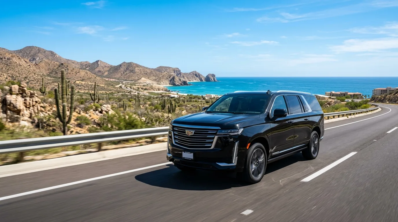 Luxury private SUV transfer on a coastal highway in Los Cabos