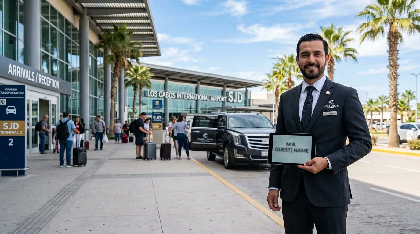 Professional chauffeur awaiting arriving guests at Los Cabos International Airport (SJD)