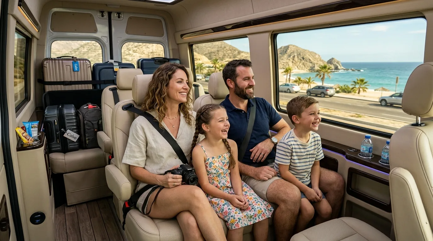 Family enjoying a comfortable private transfer in a spacious luxury van in Los Cabos