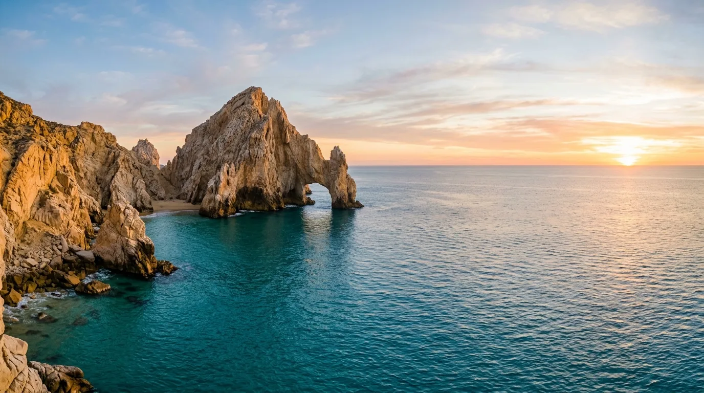 Scenic view of the famous El Arco rock formation in Cabo San Lucas surrounded by clear ocean waters