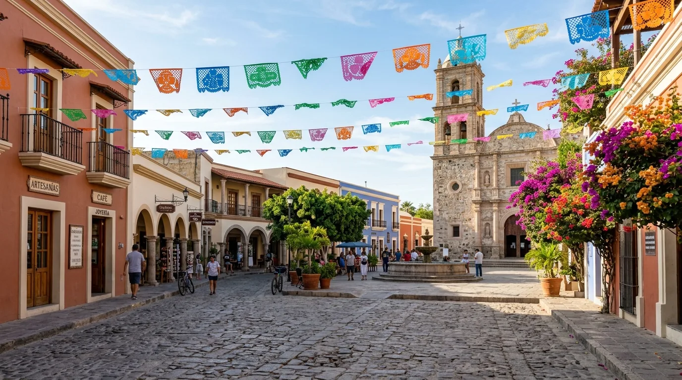 Cobblestone street and historic Mexican architecture in downtown San José del Cabo