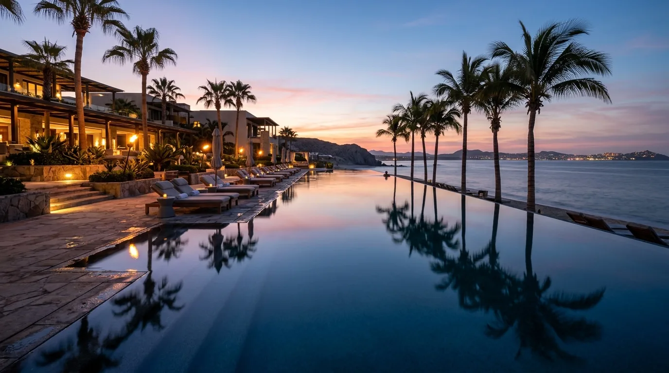 Luxury resort infinity pool overlooking the Sea of Cortez at sunset in Los Cabos
