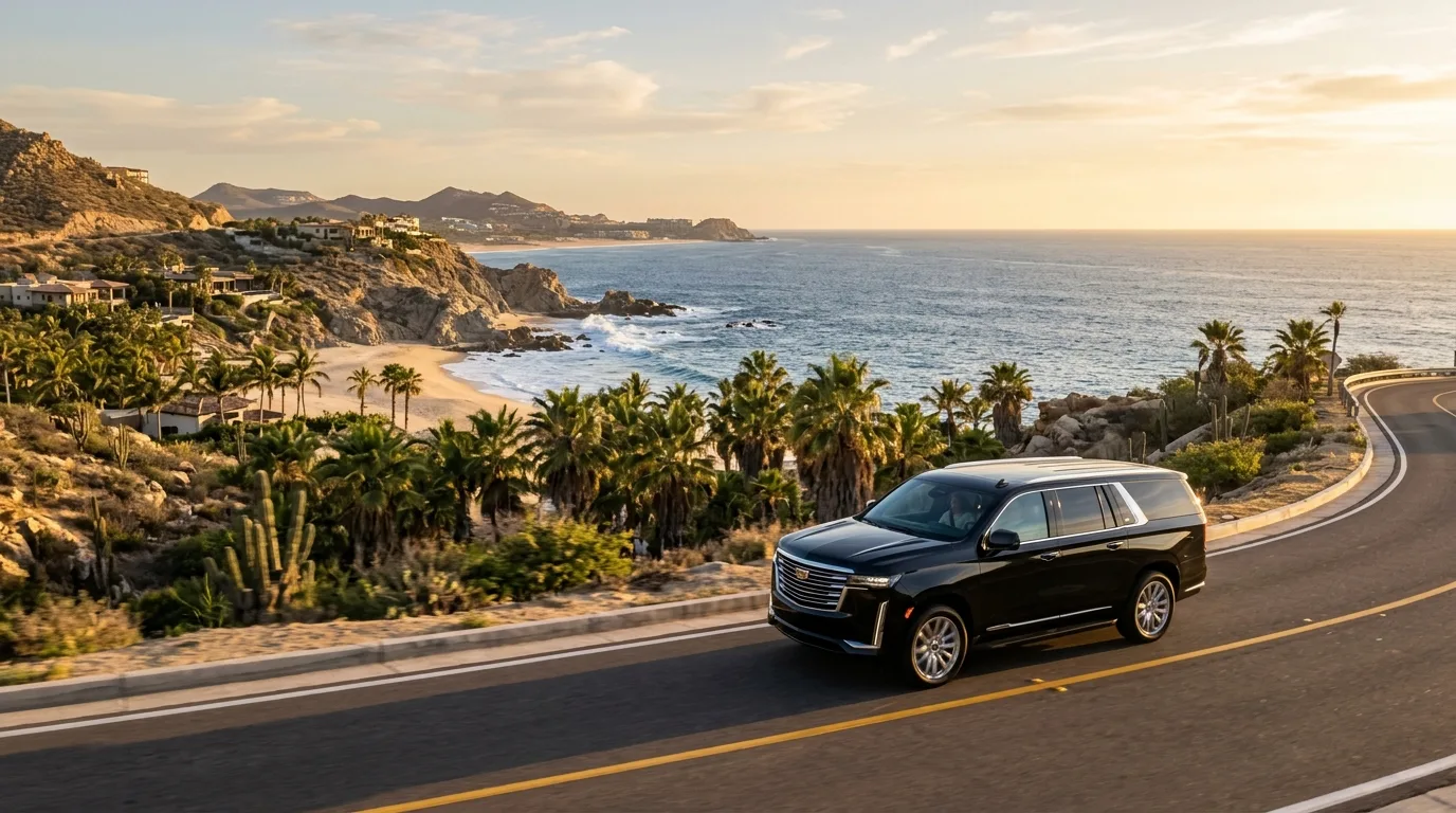 Sleek luxury SUV vehicle traveling along scenic Los Cabos coastal highway at sunset