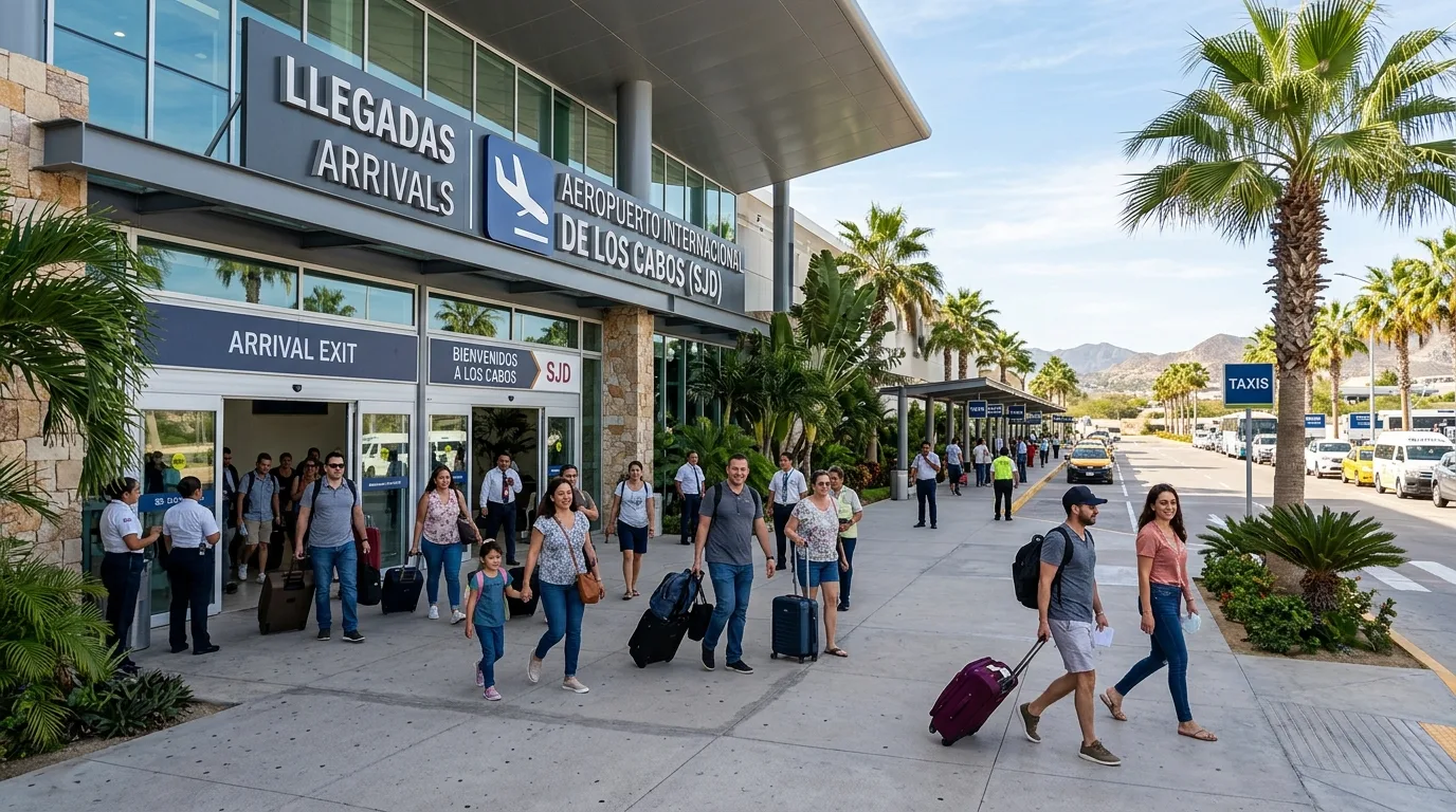 Exterior passenger exit area outside Los Cabos International Airport SJD terminal