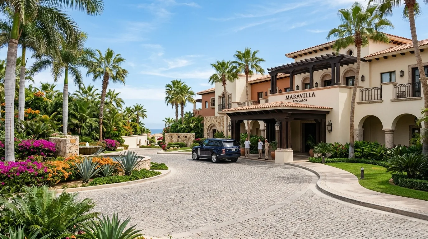 Beautiful luxury resort entrance and driveway with palm trees in San Jose del Cabo