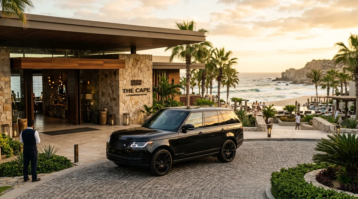 Luxury SUV airport transfer vehicle parked at an oceanfront resort on the Pacific Coast of Los Cabos