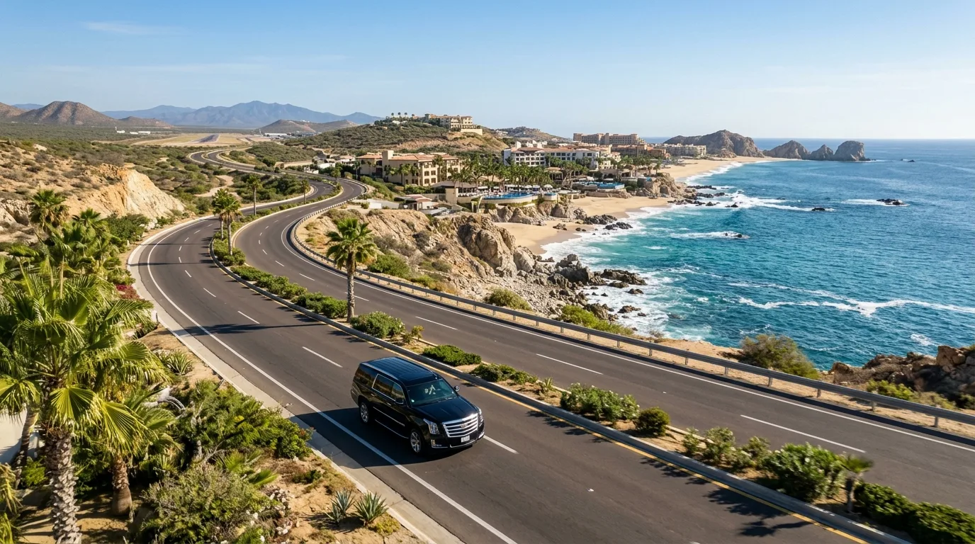 Professional chauffeur assisting arriving hotel guests into a private luxury SUV in Cabo San Lucas