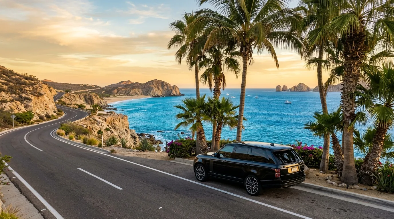 Luxury SUV parked near the Cabo San Lucas coast for airport transfer service