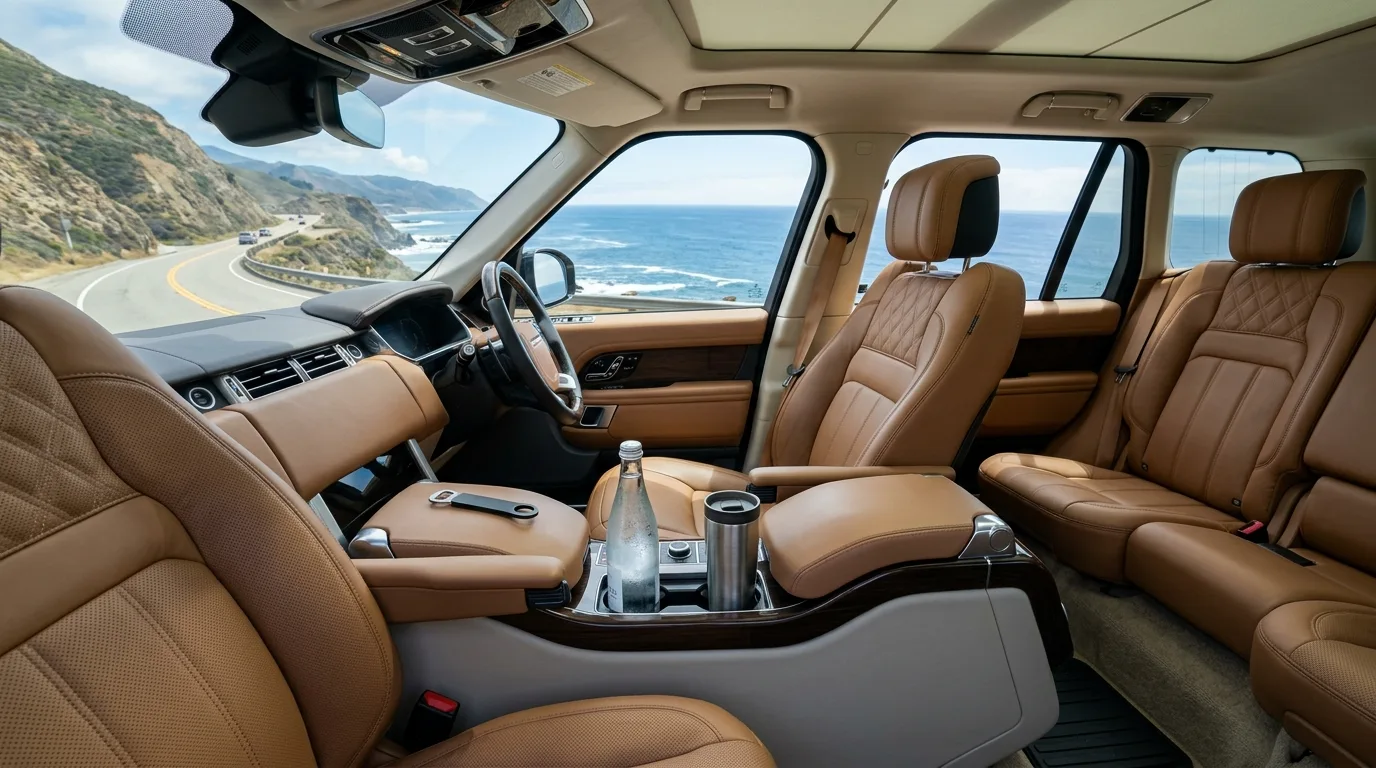 Interior of a luxury transport vehicle with drinks driving along the Baja highway