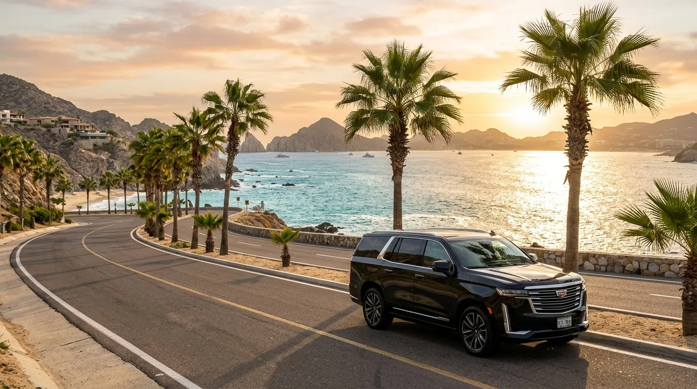 Luxury black SUV parked along the coastal highway in Los Cabos with ocean views in the background