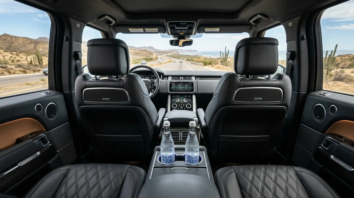Pristine luxury vehicle interior featuring comfortable leather seating and cold bottled water for passengers