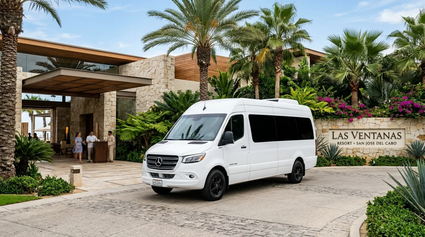 White luxury passenger transport van parked outside a high-end resort entrance in Los Cabos
