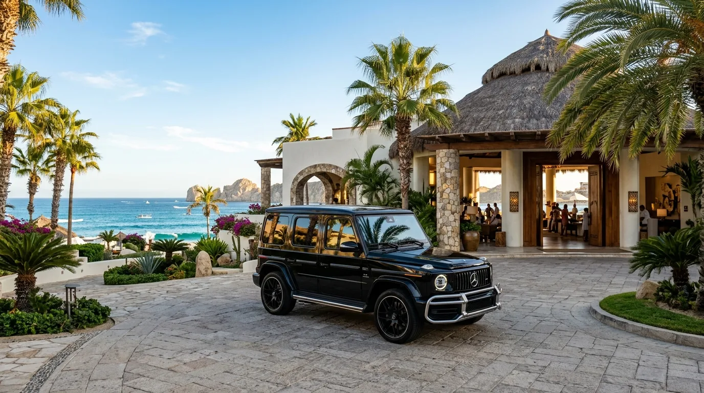 Luxury black SUV parked at a high-end beach resort entrance in Cabo San Lucas Mexico