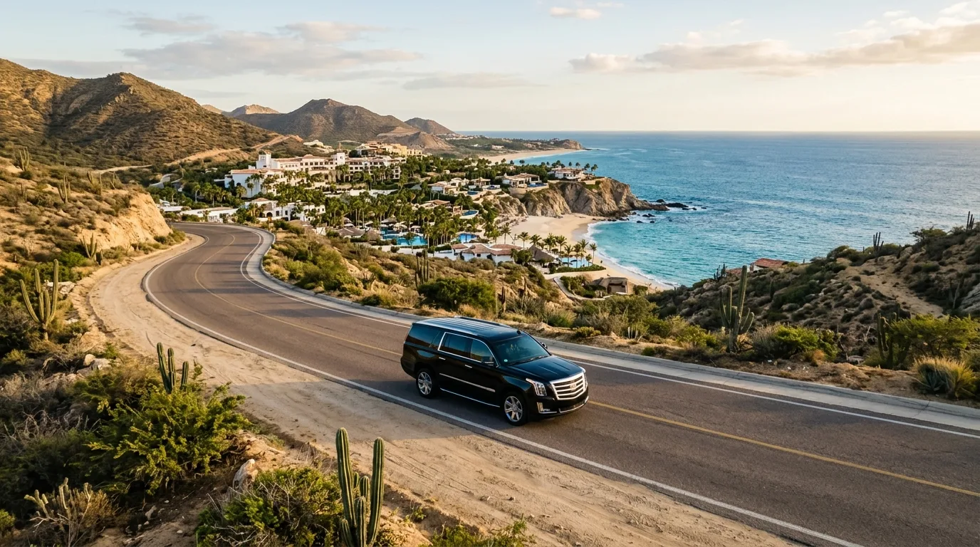 Professional chauffeur welcoming travelers outside SJD Airport terminal in Los Cabos
