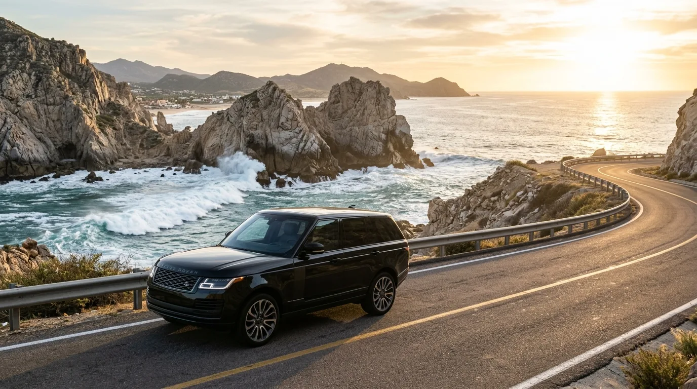 Luxury SUV parked on coastal road overlooking the ocean in Los Cabos