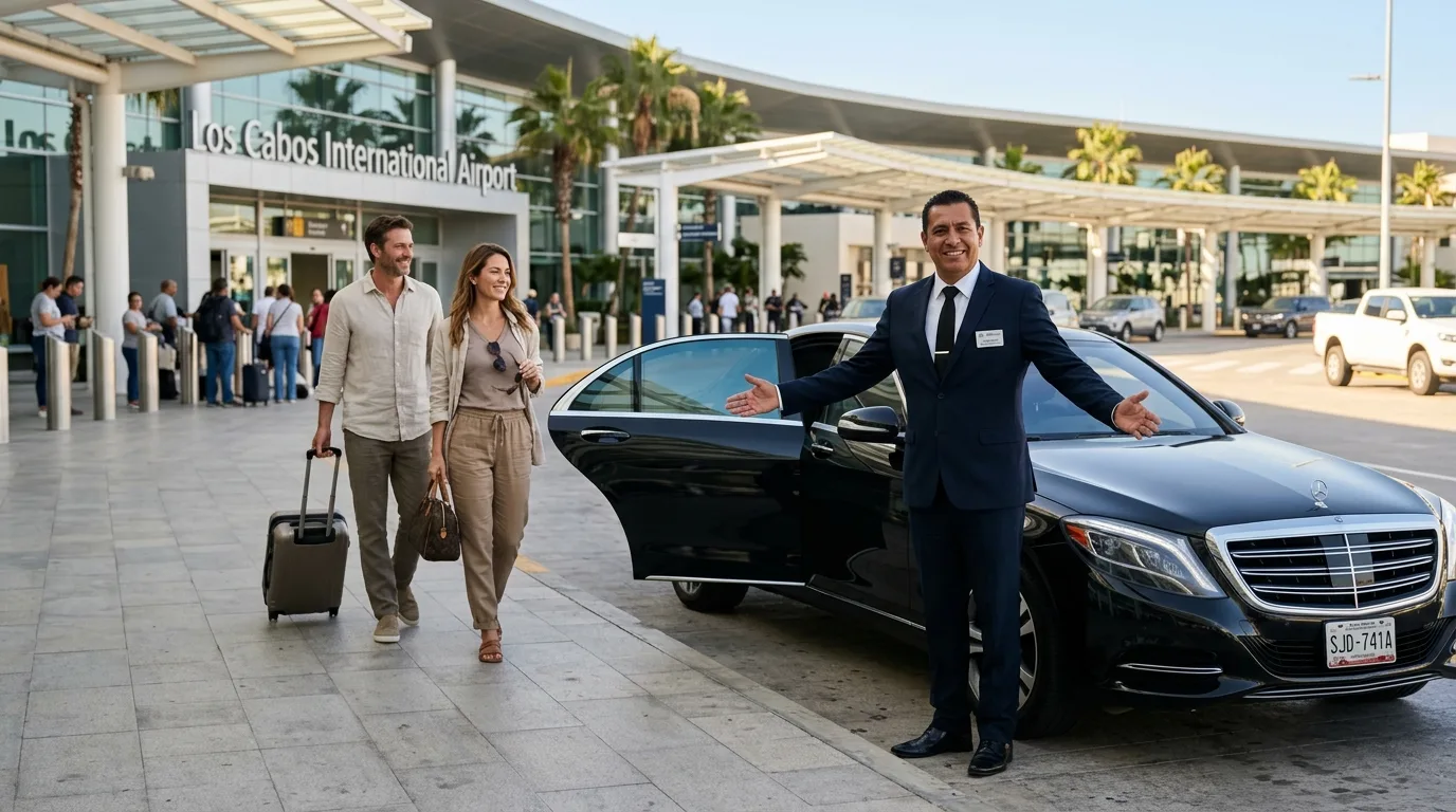 Professional chauffeur holding open vehicle door outside SJD airport terminal