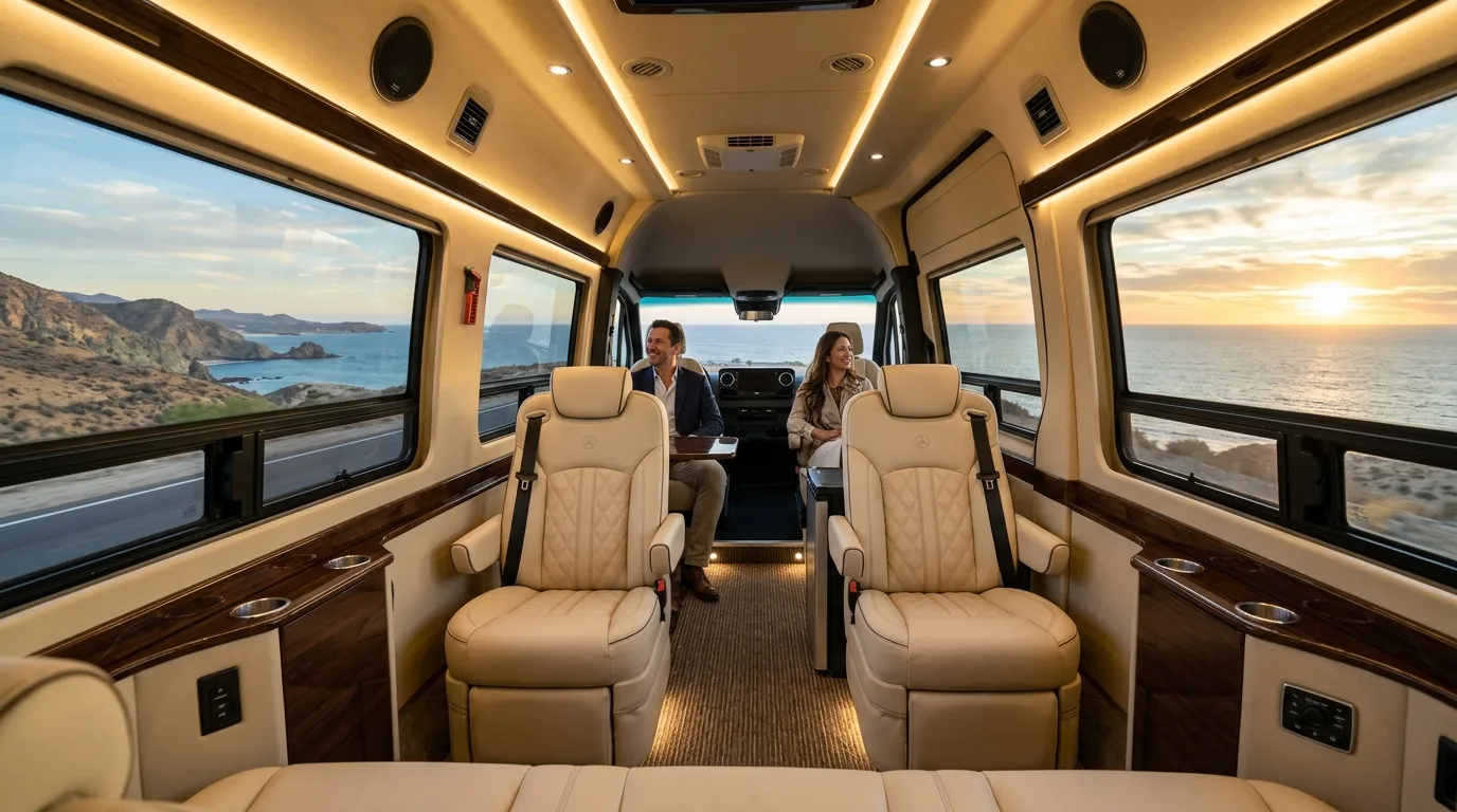 Luxury Sprinter van interior with leather seats for private group transfers in Cabo