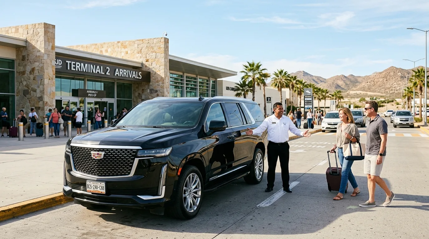 Private luxury SUV awaiting arriving passengers outside SJD Airport terminal for San Jose del Cabo airport transfer service.