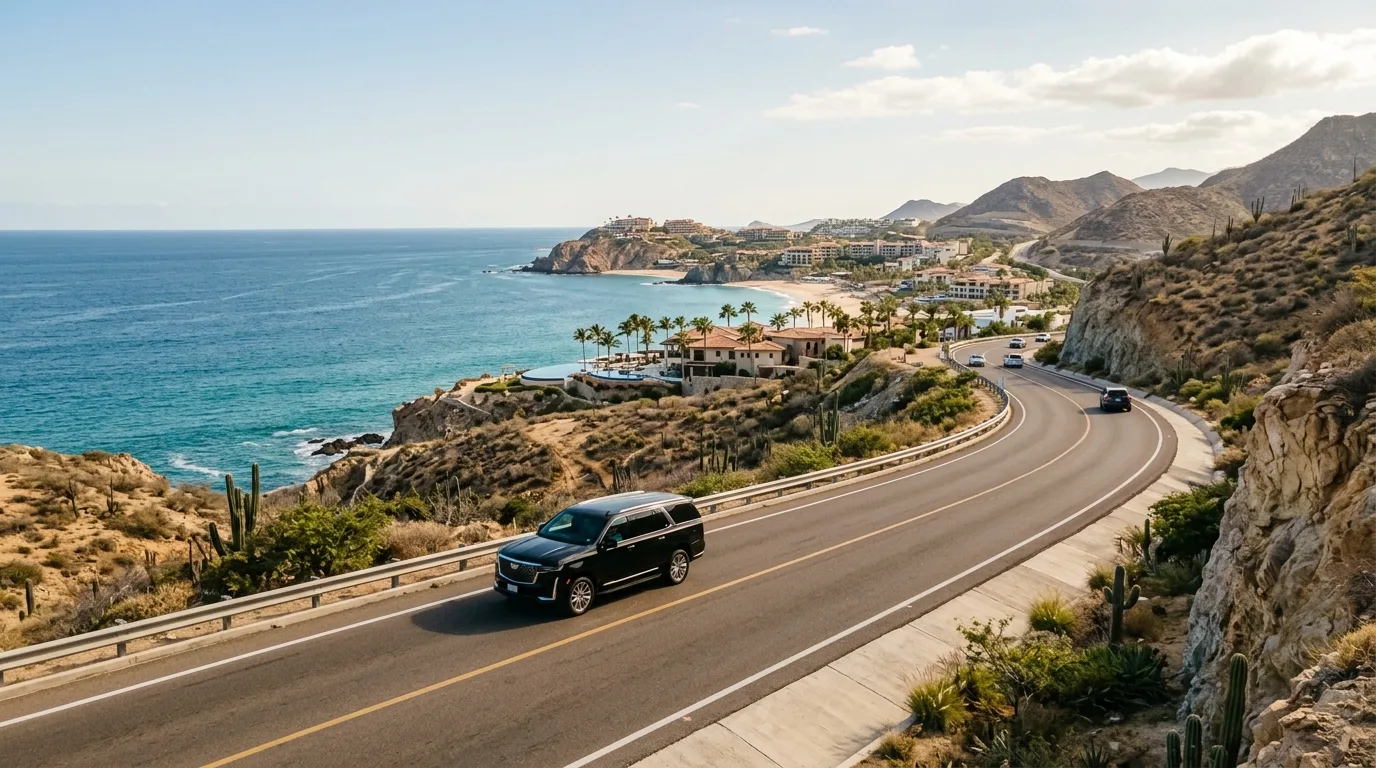 San Jose del Cabo Resort Private Transportation Private passenger van transporting travelers near resort palms in San Jose del Cabo.