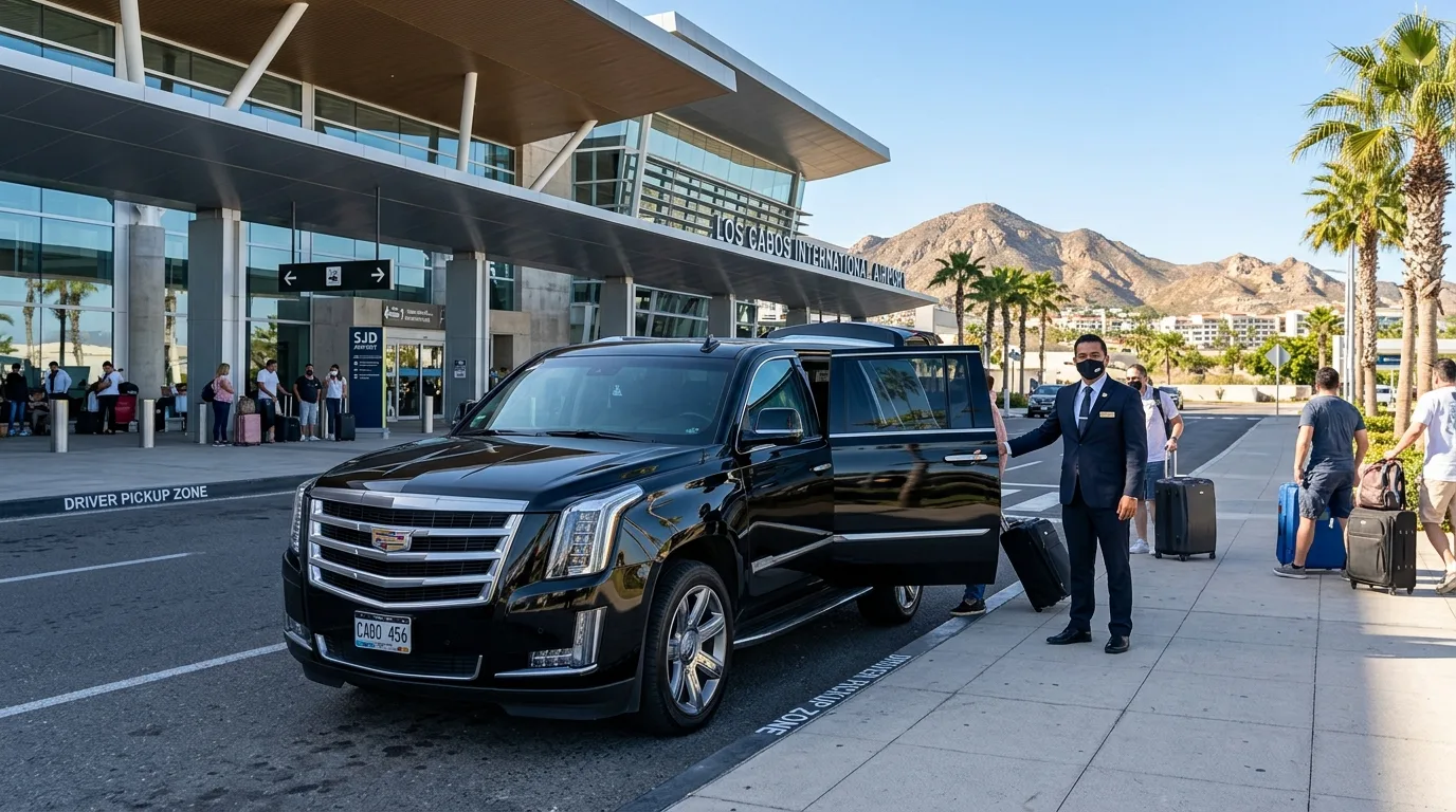 Private luxury SUV awaiting passengers outside SJD Airport terminal for Tourist Corridor transfers