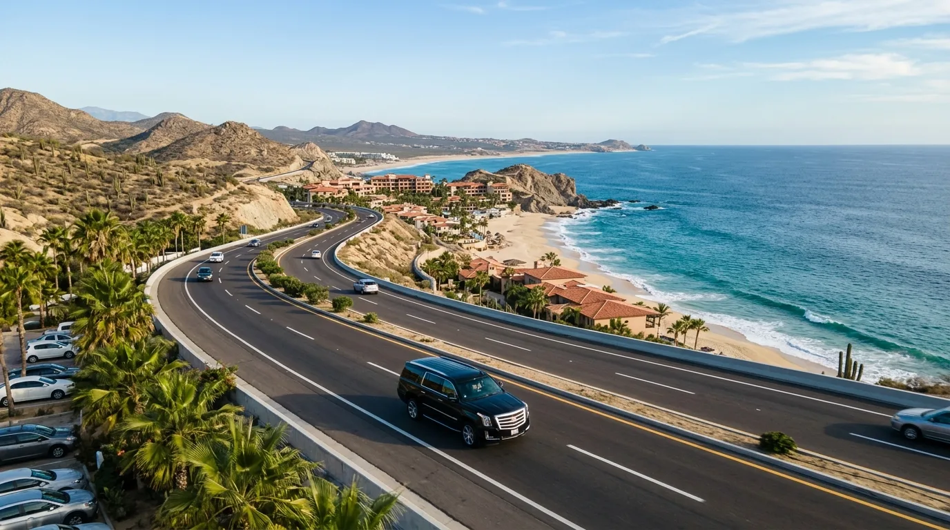 Private transport van driving along the scenic Los Cabos Tourist Corridor Highway 1