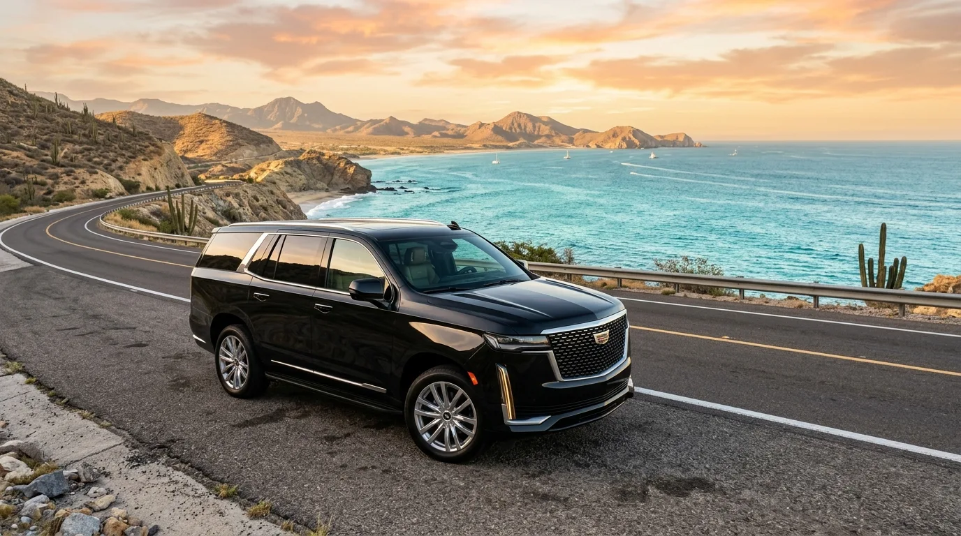 Luxury private SUV parked along the scenic coastal highway in Los Cabos facing the ocean.