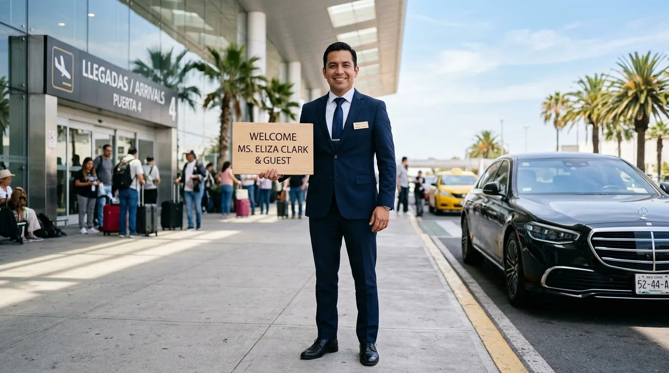 Professional private chauffeur greeting arriving passengers outside SJD airport terminal.