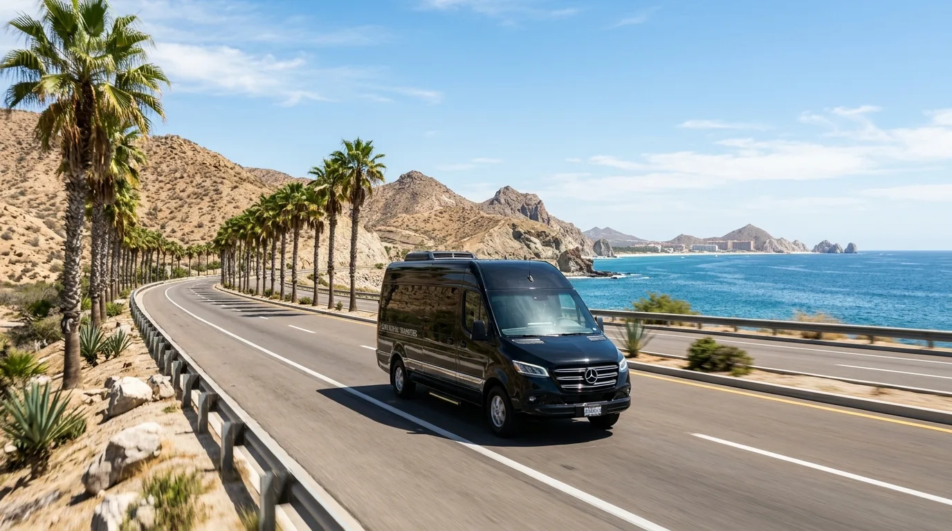 Luxury executive transport vehicle driving along the resort corridor highway in Los Cabos.