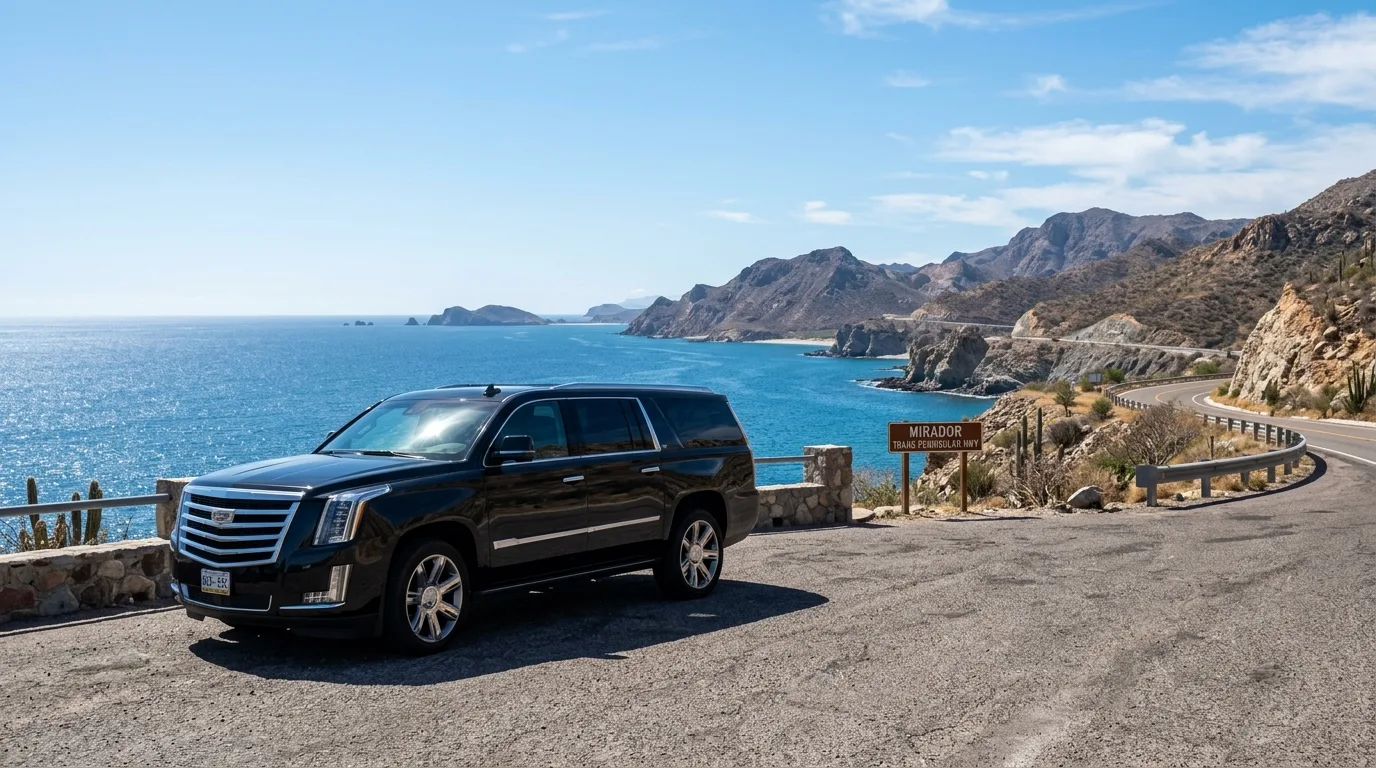 A black luxury full-size SUV parked along the coastal highway overlooking the ocean near Cabo San Lucas