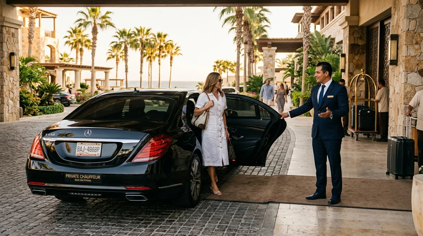 A professional private chauffeur holding open a luxury vehicle door at a Cabo San Lucas resort entrance