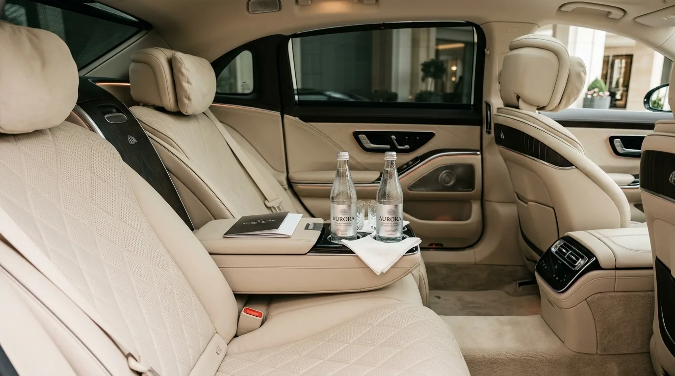 Clean leather interior of an executive passenger van equipped with bottled water for guest arrival