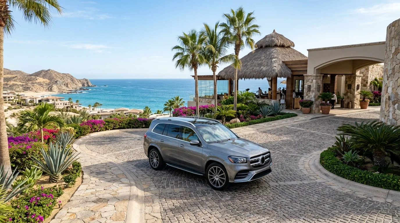 Luxury SUV parked at a Tourist Corridor resort entrance in Los Cabos with ocean views