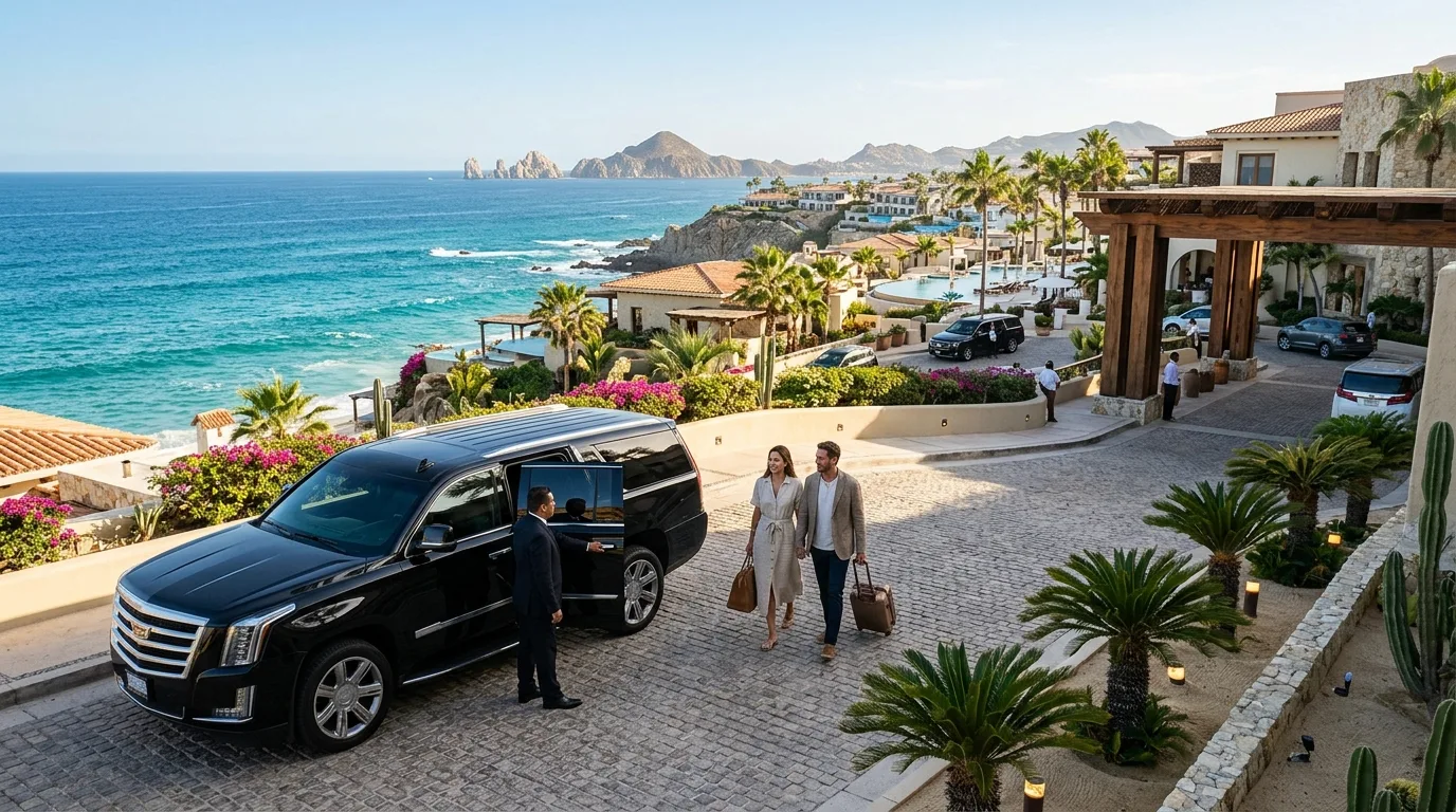 Professional chauffeur assisting guests with a private vehicle transfer in Los Cabos