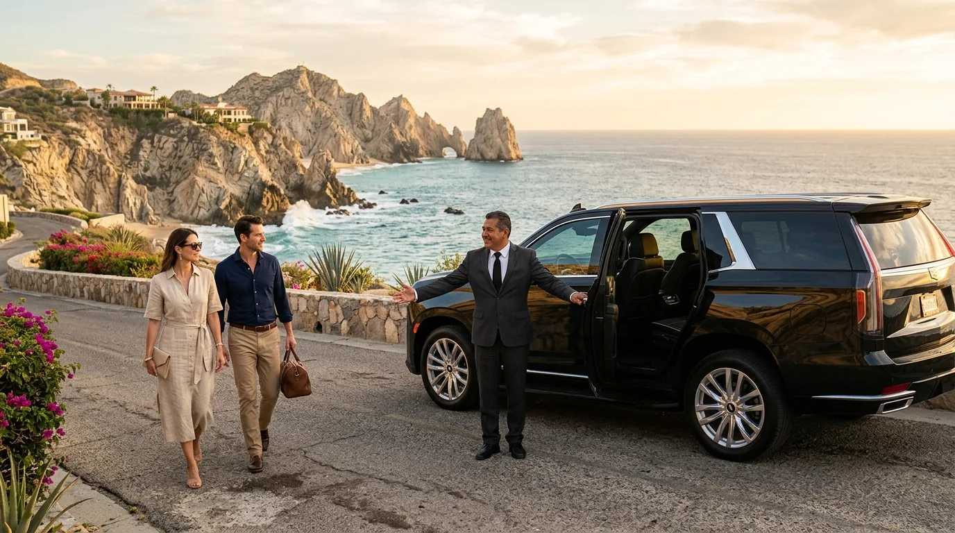 Professional private driver standing beside a luxury black SUV along the Cabo San Lucas coastline