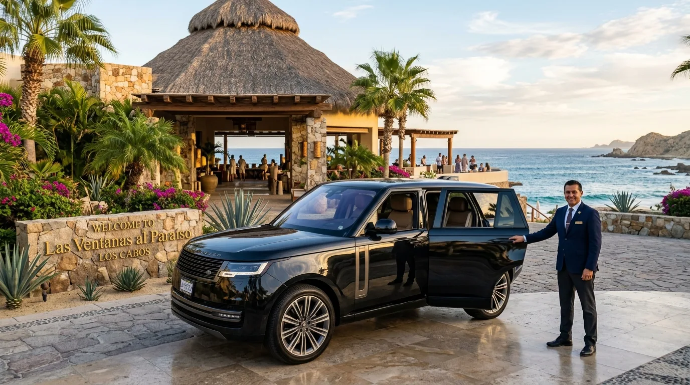 Private driver standing next to a luxury SUV at a Los Cabos resort entrance