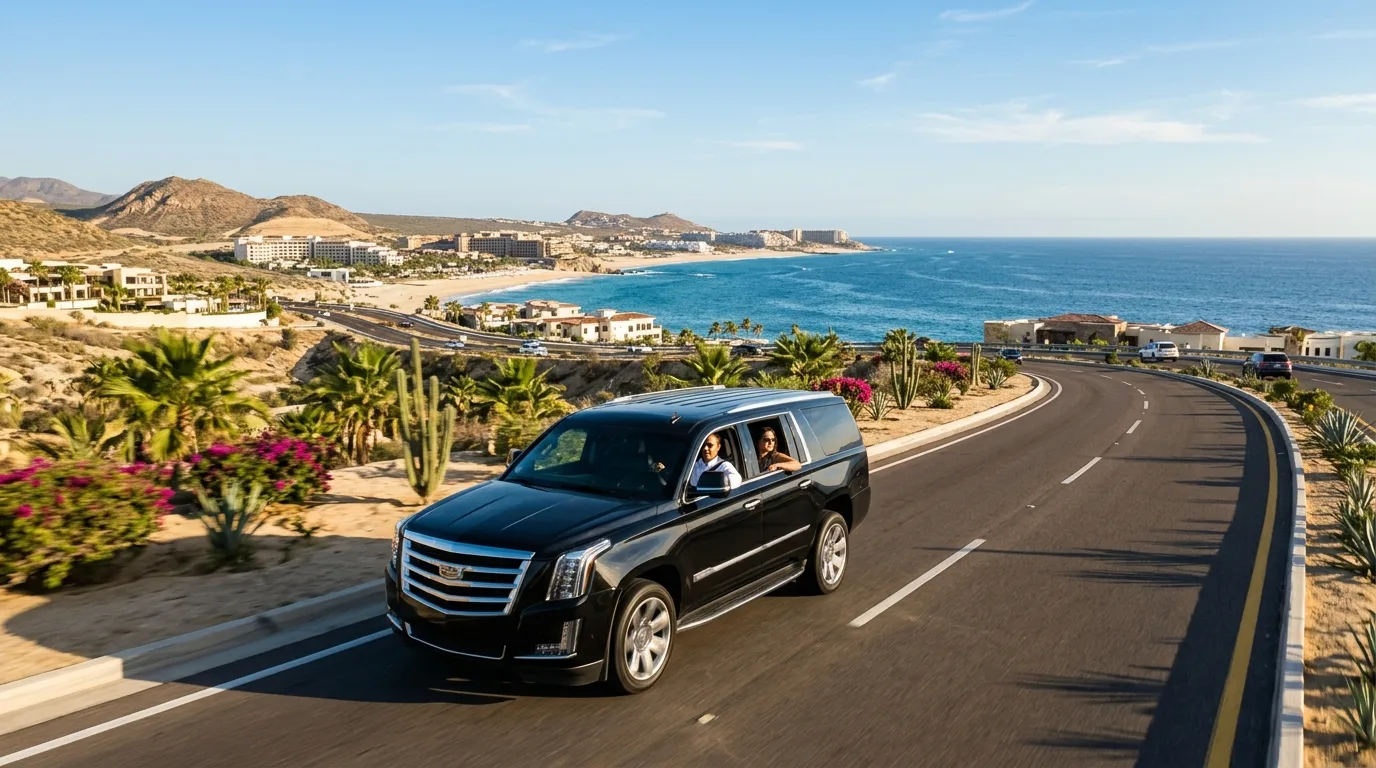 Private passenger van awaiting travelers outside SJD airport terminal in Los Cabos