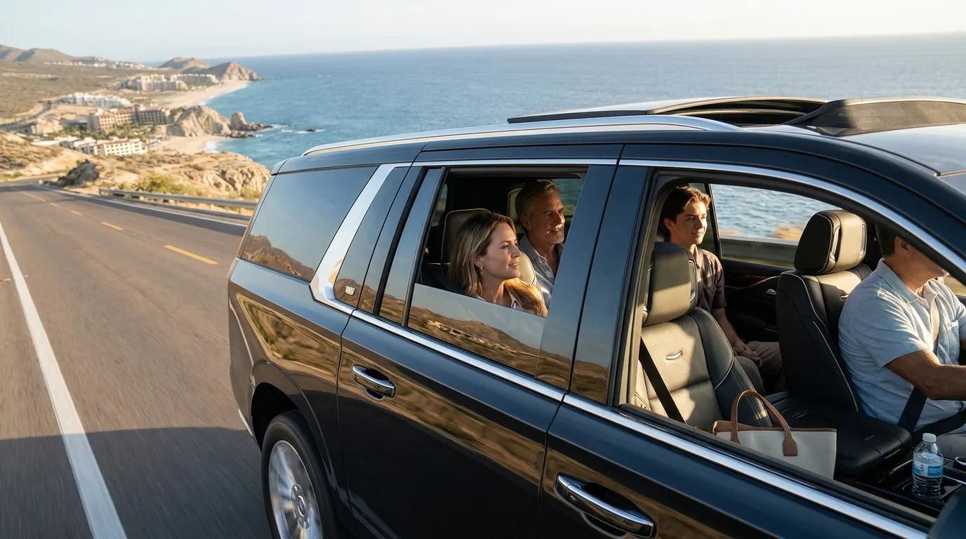 Private Sprinter van transporting group travelers along the coastal highway in Los Cabos