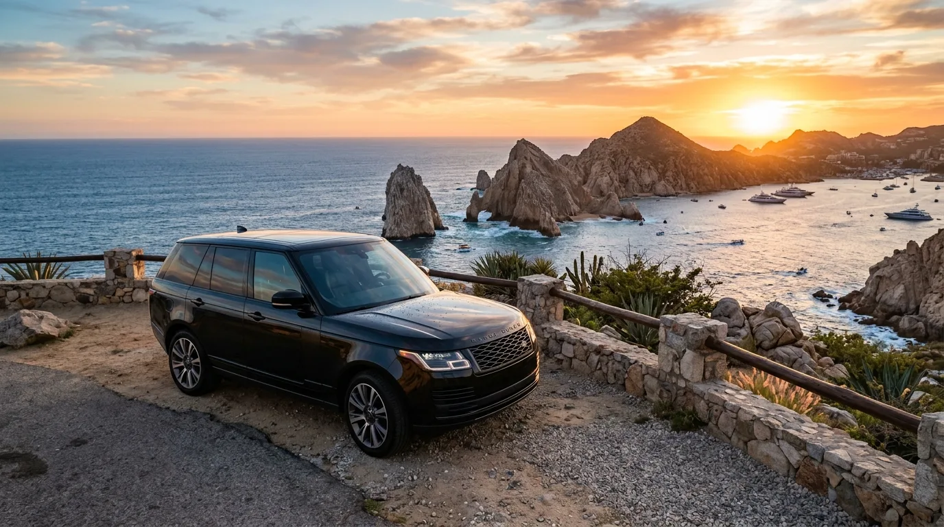 Luxury black SUV parked at a scenic coastal overlook in Cabo San Lucas