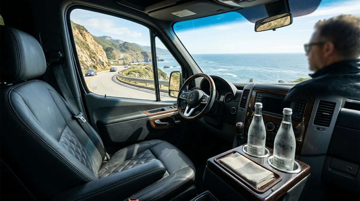 Luxury Van Interior Ground Transit Interior of luxury passenger van traveling along the coastal highway in Los Cabos