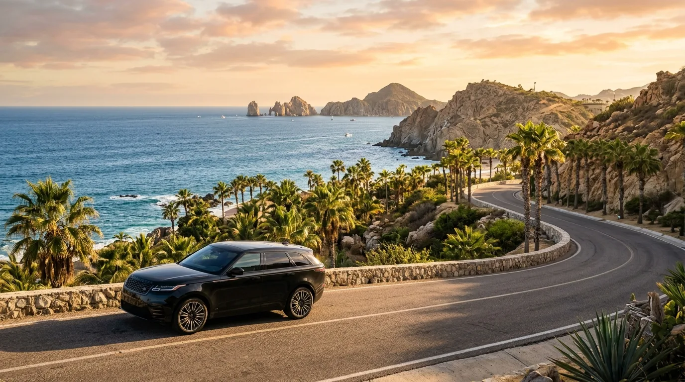 A sleek luxury vehicle parked along a scenic coastal road in Los Cabos during golden hour.