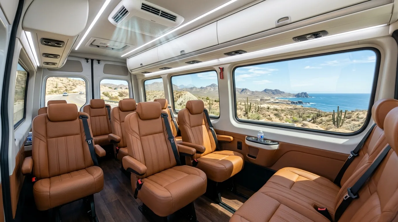 Interior of a modern private shuttle van with leather passenger seating and highway view out the window.